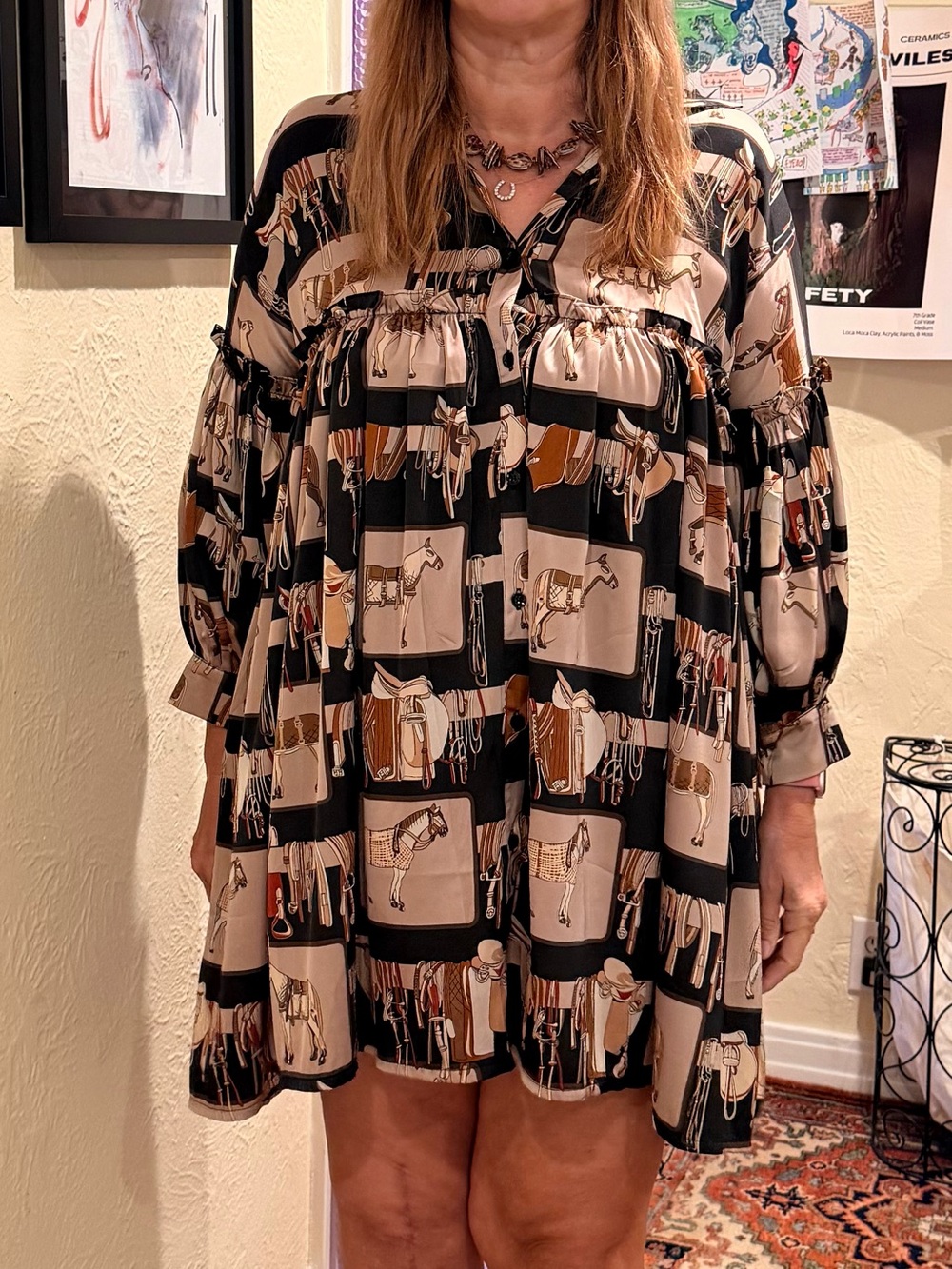 Beulah Beige and Black Equestrian Patterned Dress